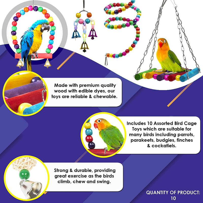 Bird Parrot Toy, 10Pcs Bird Swing Toys Bird Chewing Toys, Colourful Pet Bird Toys with Wooden Hanging Stand Ladder Cage Hanging Bell for Birds, Parrots - PawsPlanet Australia