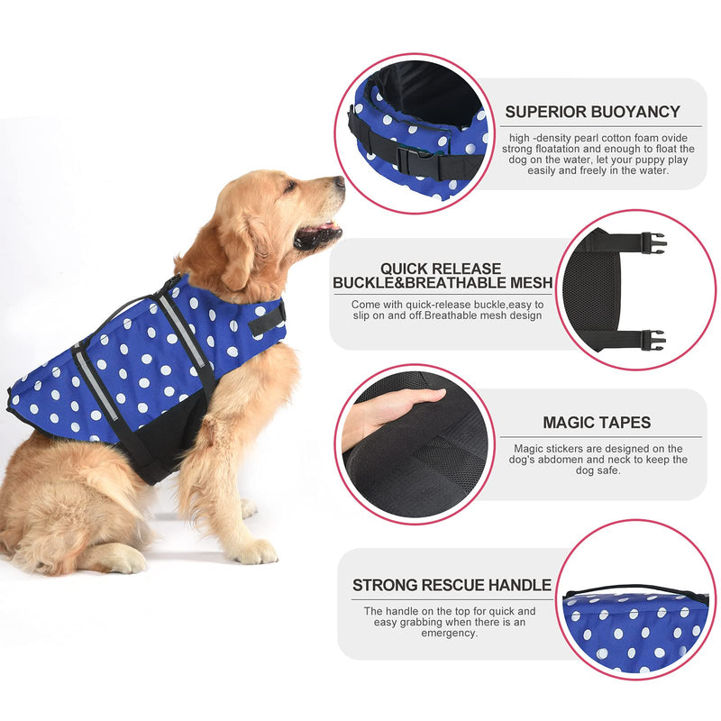 Dogcheer Ripstop Dog Life Jacket, Reflective & Adjustable Dog Swim Life Vest for Swimming Boating, Puppy Life Jacket Pet Floatation Vest PFD with Rescue Handle for Small Medium Large Dogs XX-Small(Chest Girth 28-35cm/11-13.78") Blue dot - PawsPlanet Australia