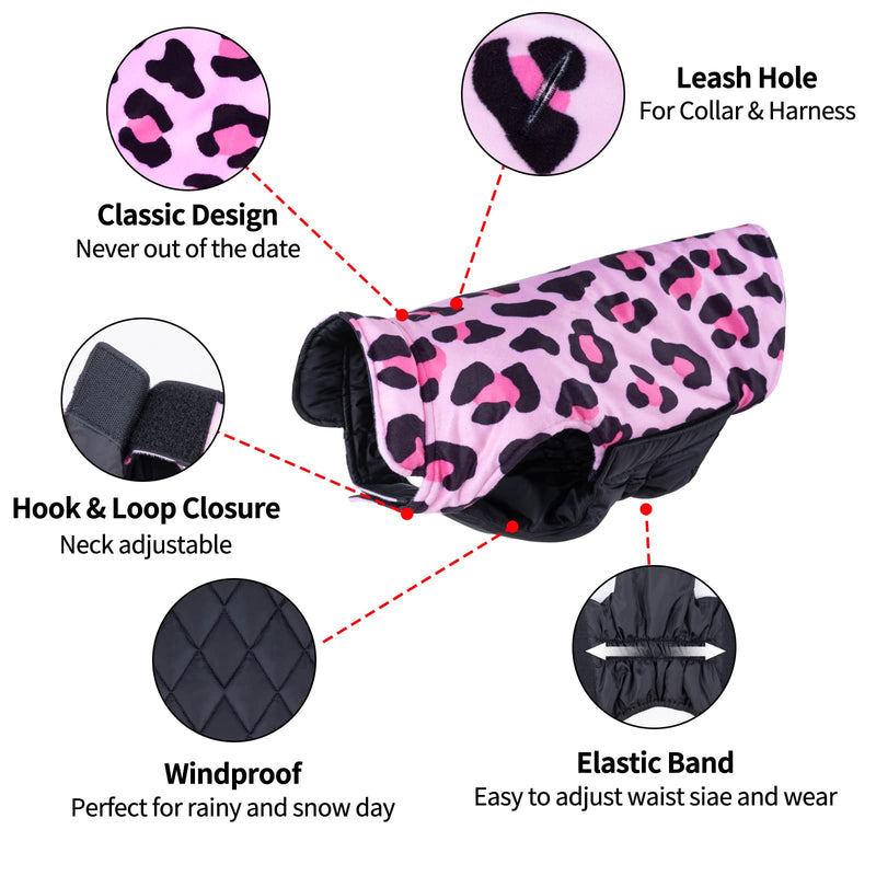 CuteBone Dog Winter Coat Puffer Jacket Windproof Dog Jacket Reversible Dog Vest Thick Padded Lining Pet Apparel for Small Medium Large Dogs with Leash Hole 2-Pink Leopard - PawsPlanet Australia