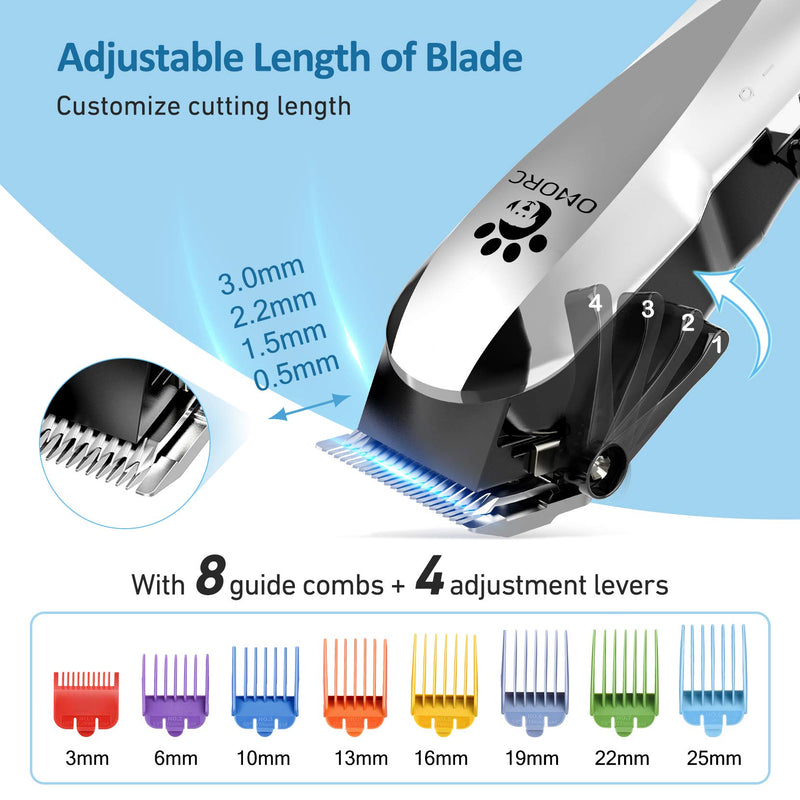 OMORC Dog Clippers with 24V Powerful Motor, Plug-in & Quiet Professional Dog Grooming Kit, Dog Hair Trimmer with 8 Comb Guides, Pet Grooming Clippers for Thick Coats Dogs Cats Horse & Others Silver - PawsPlanet Australia