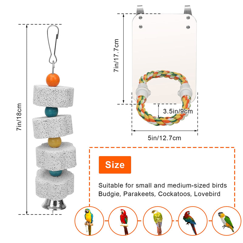 AHIER 7 Inch Bird Mirror with Rope Perch, Bird Toys Swing Parrot Grinding Stone with Bell for Parakeet Cockatoo Cockatiel Lovebirds Canaries - PawsPlanet Australia