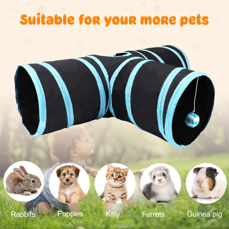 HYLYUN Rabbit Cat Tunnels & Tubes Collapsible, 3 Way Rabbit Tunnels and Hides Toys, Portable Bunny Hideout Small Animal Activity Pet Toys Tunnel for Cat Bunny Guinea Pigs Kitten + Toy Ball Blue black - PawsPlanet Australia