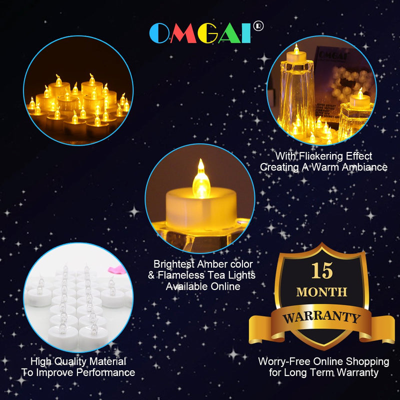 OMGAI 24 PCS LED Tea Lights Candles Battery-Powered Small Flickering Flameless Candle for Home Decoration - Amber Yellow - PawsPlanet Australia