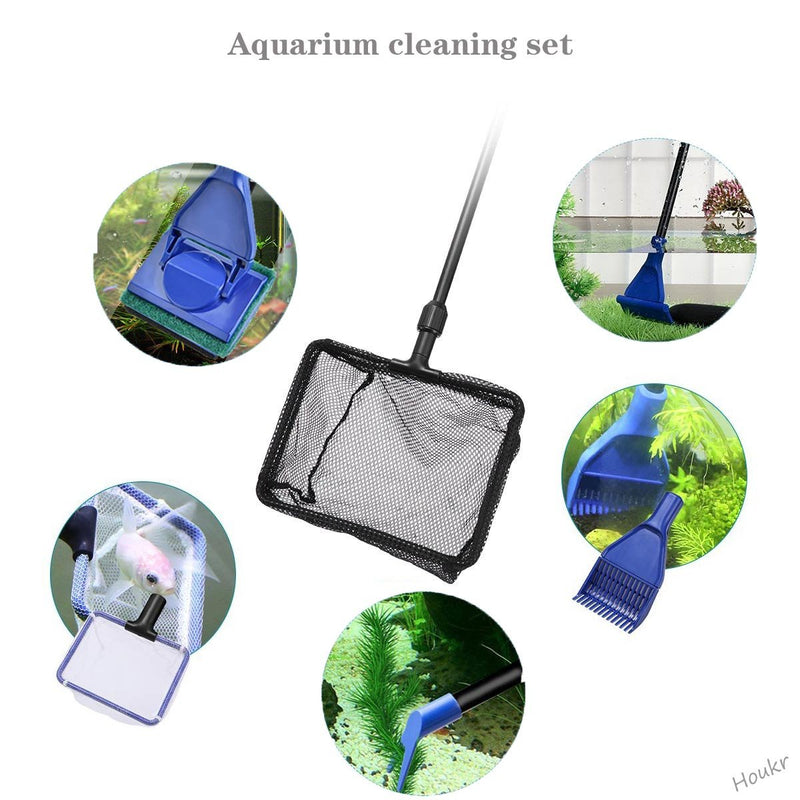 Houkr 6 in 1 Aquarium Fish Tank Cleaning Tool Set，Fishing Net + Gravel Rake + Plant Fork + Scraper + Sponge Brush Glass Extensible Long Handle Fish Tank Telescopic Cleaning Tools for Aquarium - PawsPlanet Australia