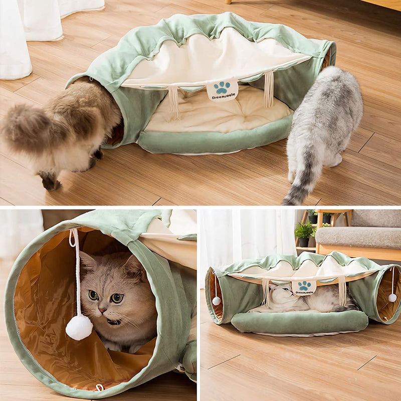 DREAMSOULE 2-in-1 Cat Bed Play Tunnel and Mat for Pets Cats Dogs Rabbits and Pets Kittens for Home Foldable Soft Cat Tunnel Tubes Toys Pet Play Bed Indoor green - PawsPlanet Australia