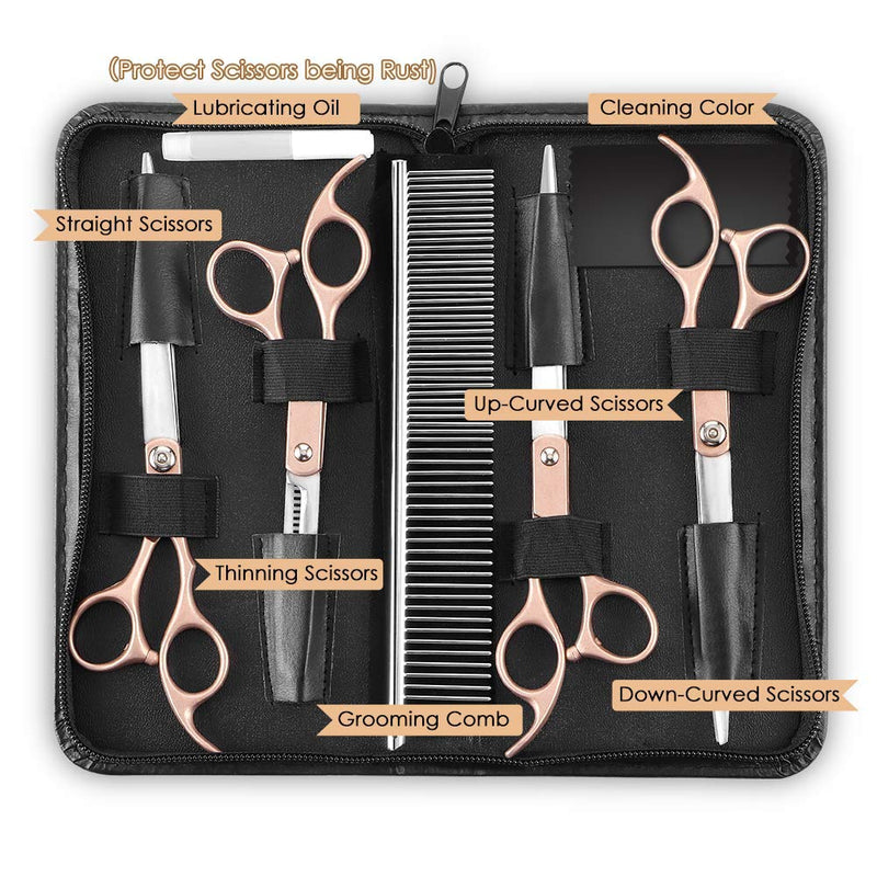YOUTHINK Pet Grooming Scissors Stainless Steel 5 Pieces Gold Dog Hair Cutting Scissors Kit for Body Face Ear Nose Paw of Dogs and Cats 6-7 inch(16.5-19.5cm) - PawsPlanet Australia