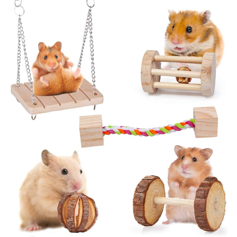 AHANDMAKER Hamster Chew Toys, 10 Pack Natural Wooden Chinchillas Toys with Accessories Dumbells, Exercise Bell Roller and Teeth Care Molar Toy for Bunny Rabbits Gerbils - PawsPlanet Australia