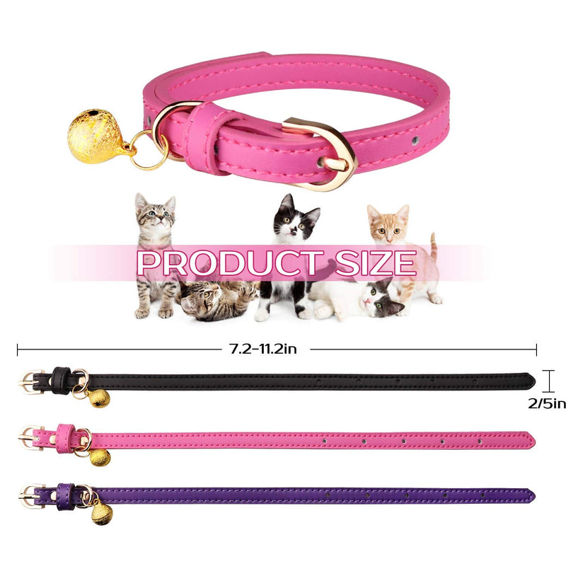 [Australia] - 3 PCS Leather Cat Collars with Bell Kitten Collars Cat Safety Soft Adjustable Collars Black Purple Pink 