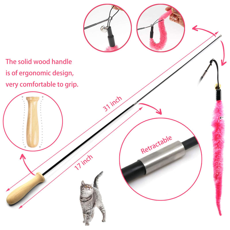 Feather Teaser Cat Toy, Retractable Cat Wand Toy Set 18pcs Assorted Teaser Refills with Bell, Including Bird Feather, Squiggly Worm, Crinkle Balls for Indoor Kitty Interactive Teather Fishing Pole Toy - PawsPlanet Australia