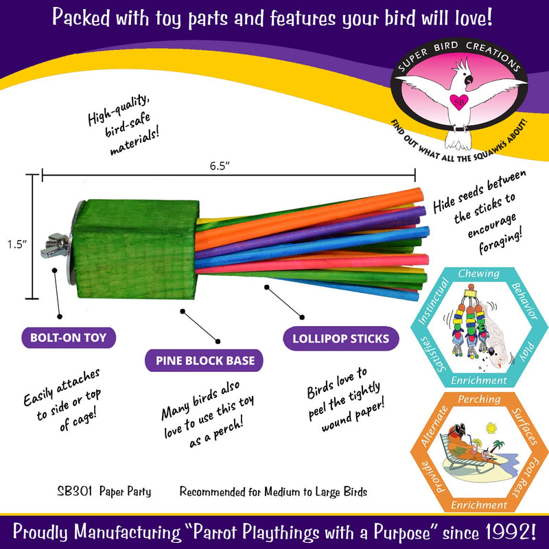 Super Bird Creations SB301 Chewable Paper Party Bird Toy with Colorful Lollipop Sticks, Large Size, 6.5” x 1.5” x 1.5”,Varies - PawsPlanet Australia