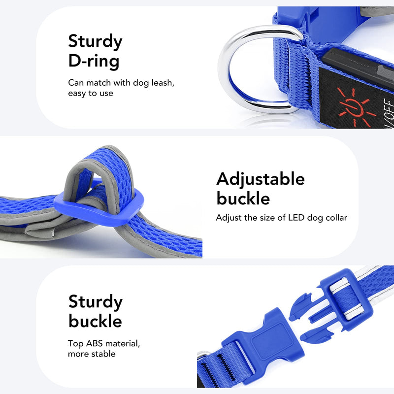 Bpawser Light Up Dog Collars LED Dog Collar Rechargeable Adjustable Size MESH Webbing Glow Collar for Large Medium Dogs Medium[13.39-19.69 inch/34-50 cm] Blue - PawsPlanet Australia