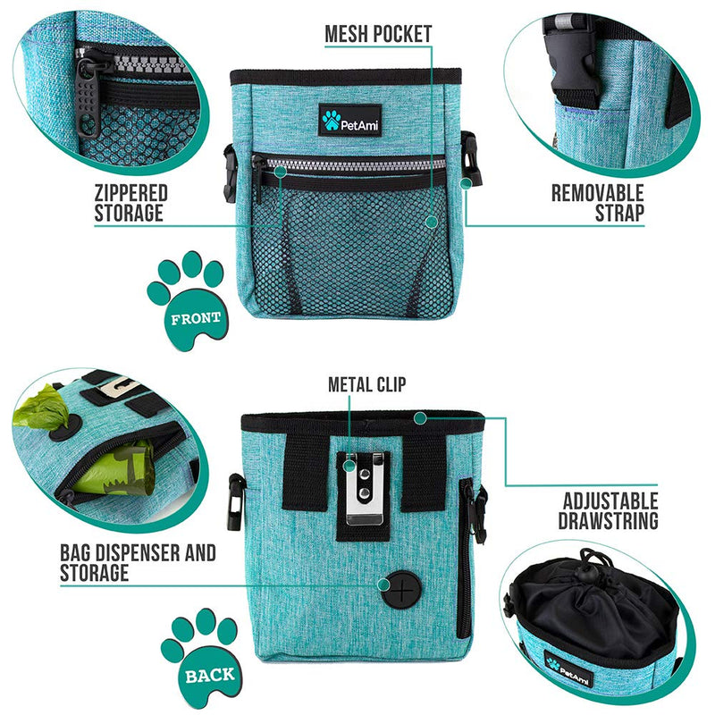 [Australia] - PetAmi Dog Treat Pouch | Dog Training Pouch Bag with Waist Shoulder Strap, Poop Bag Dispenser and Collapsible Bowl | Treat Training Bag for Treats, Kibbles, Pet Toys | 3 Ways to Wear One Size Heather Sea Blue 
