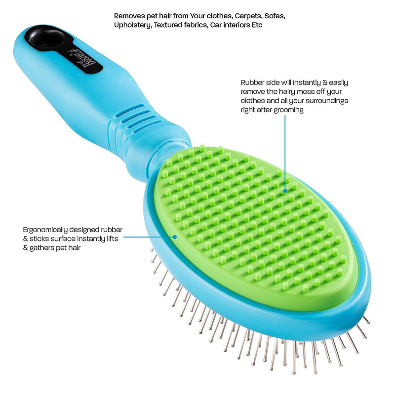 Boshel Dog Hair Brush & Rubber Dog Hair Remover 2 in 1 Ergonomic Pin Brush Detangles & Eliminates Excess Undercoat Fur & Cleans the Hair from your Clothes Etc. with the same Dog grooming Brush - PawsPlanet Australia