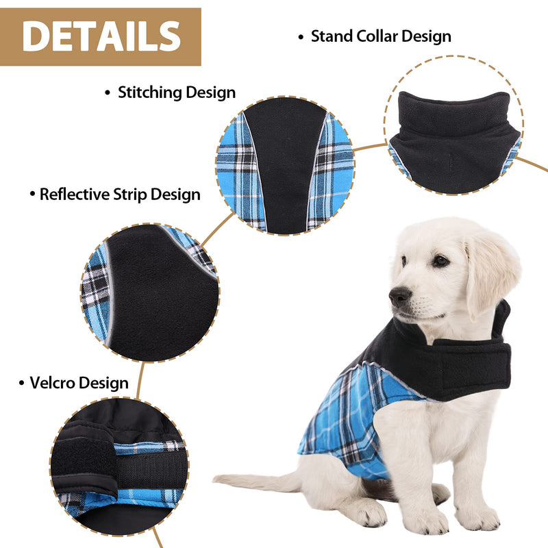 MAZORT Dog Coat, Reversible & Adjustable Plaid Dog Winter Jacket with Reflective Strips, Waterproof Warm Pet Fleece Vest for Small Medium Large Doggies Blue X-Small - PawsPlanet Australia