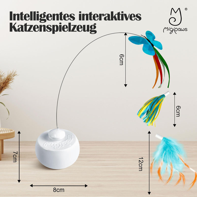 Migipaws cat toy, interactive butterfly toy and feather toy, rotating with intelligent rolling ball for domestic cats, standing man design, automatic movement, teaser fun - PawsPlanet Australia