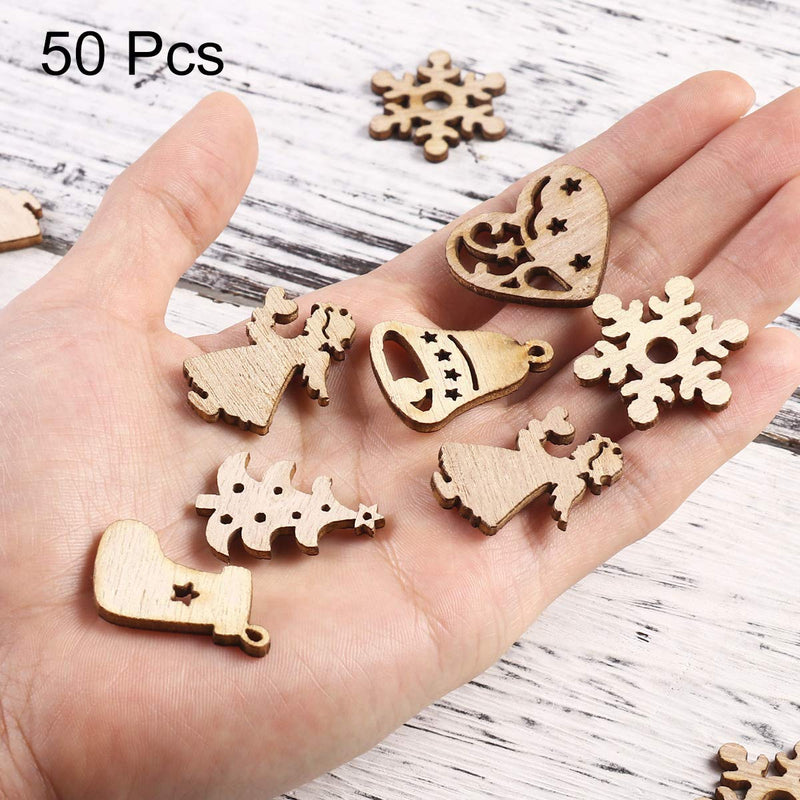 BESTOYARD 50pcs Cute Cartoon Wooden Pieces Cutouts Craft Embellishments Wood Ornament Christmas Pendant for DIY Art Home Decoration (Random Pattern) - PawsPlanet Australia