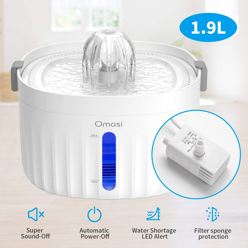 Omasi Cat Water Fountain, 1.9L Automatic Pet Water Fountain Dog Water Dispenser with 2 Triple-Action Replacement Filters, 2 Folding bowl(White) - PawsPlanet Australia