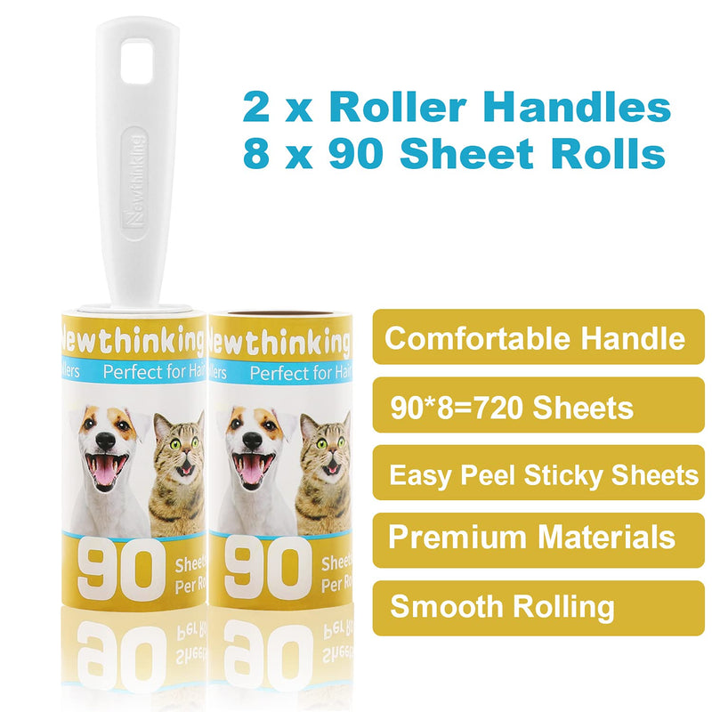 Newthinking Lint Rollers, Lint Roller Pet Hair Remover with 2 Handles, 720 Sheets Extra Sticky Lint Roller Refills for Clothes, Pet Hair and Furniture, 8 Refills(90 Sheets Per) 720 Sheets&2 Handles - PawsPlanet Australia