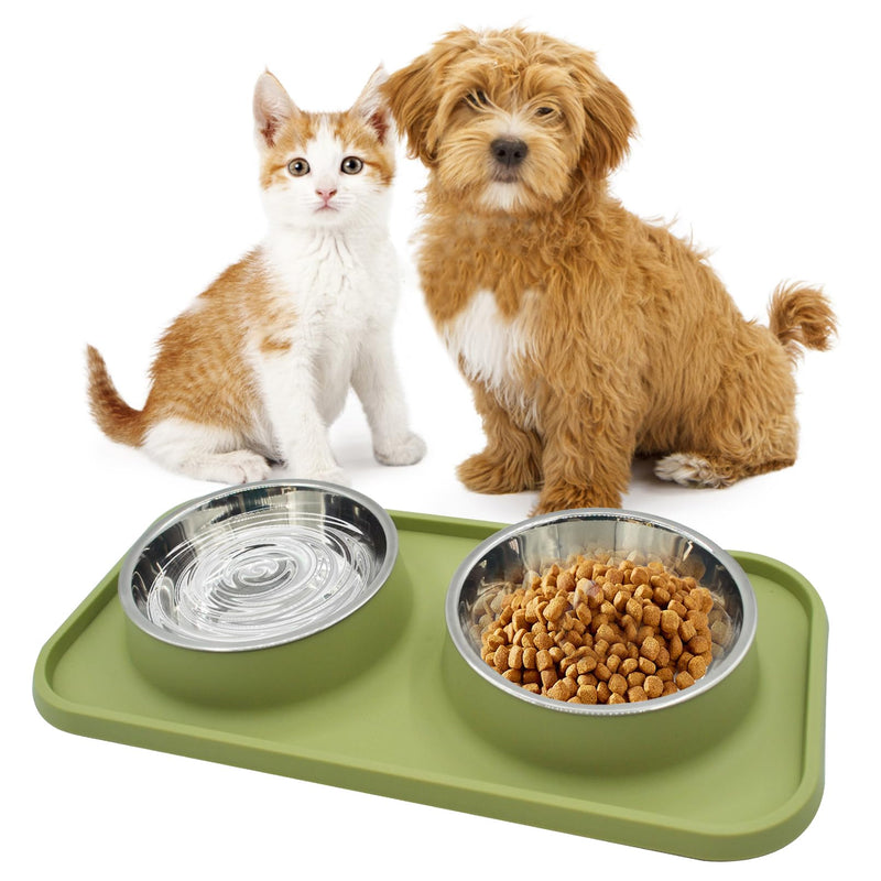 MUYG Double Dog Food Bowls Stainless Steel with No Spill Non Skid Silicone Mat Removable Dog Water and Food Bowls Set Durable Feeding Bowls for Small Dogs Puppy Cat Kitten(Green) - PawsPlanet Australia