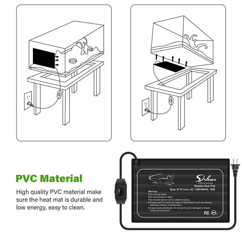 Simple Deluxe 2 Pack Reptile Heat Pad with Thermostat Temperature Adjustable Under Tank Heater 8 X 12 Inch 16W Terrarium Warmer Heating Mat for Lizard Spider, Frog Turtle Snake Plant 30-40gal Tank - PawsPlanet Australia