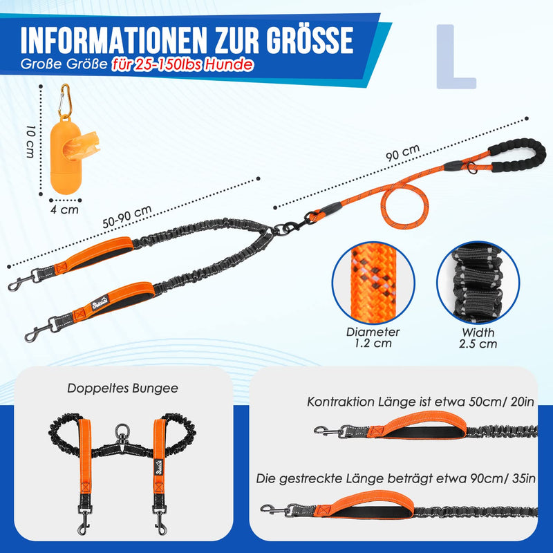 Eyein Double Leash for 2 Dogs, Dog Leash for Large Dogs, Flexible and Reflective Tangle-Free Dog Leash with 2 Padded Handles for Dogs from 11 to 68kg (Orange) Orange Large (Total Weight 11-68kg) - PawsPlanet Australia