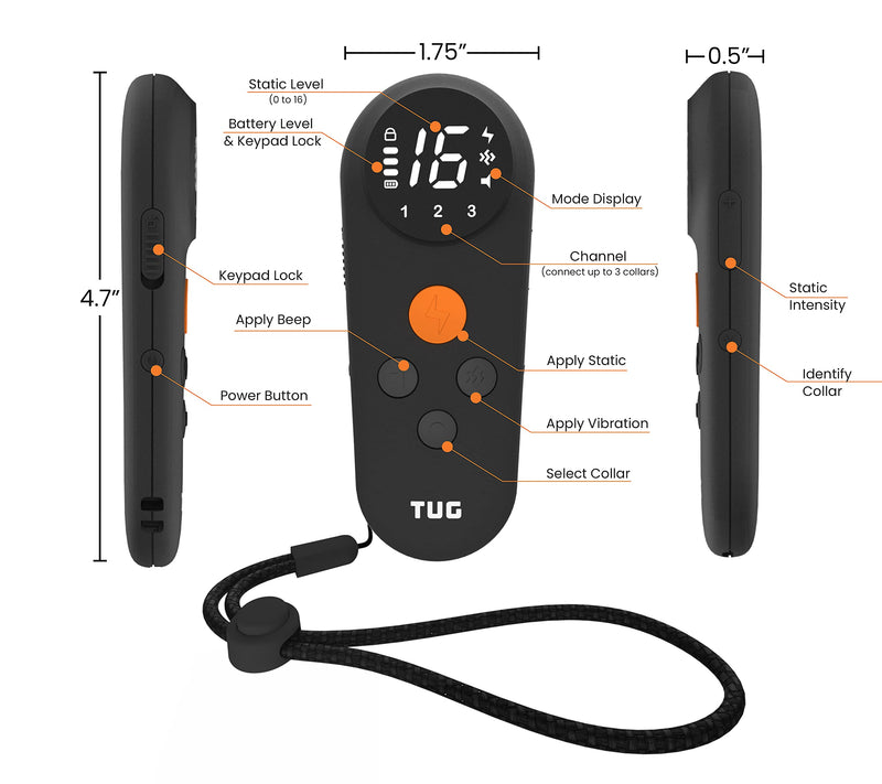 TUG Waterproof Dog Training Collar with Rechargeable Remote, 3 Training Modes: Beep, Vibration, & Shock, Waterproof (Black) - PawsPlanet Australia