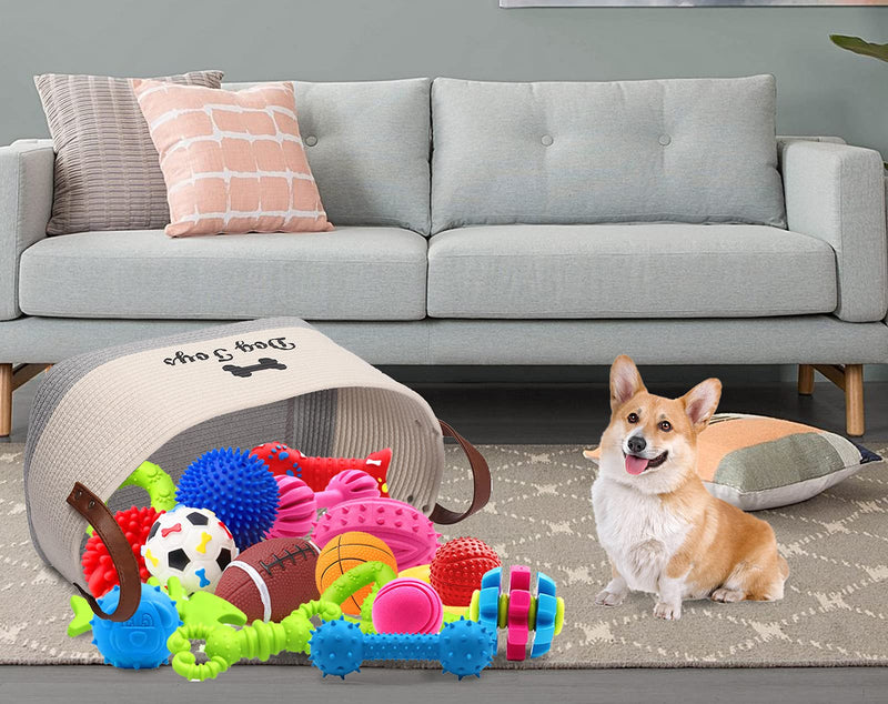 Large cotton dog toy basket, 16.5"x10.6"x 7.5" puppy toy basket, puppy bins, pet organizer, laundry basket storage bin - Perfect for organizing pet toys, blankets, leashes, coat and stuff - Beige Gray - PawsPlanet Australia