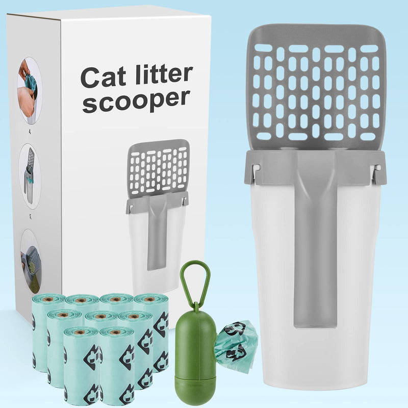 MYPIN 2 in 1 cat litter scoop with cat litter bin, removable scoop for cat litter with deep scoop and handle (includes 120 waste bags) M gray and white - PawsPlanet Australia