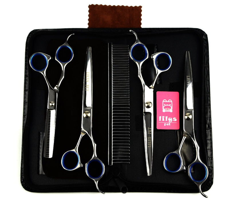 [Australia] - LILYS PET Professional PET Dog Grooming Scissors Suit,RED/Blue Ring, Cutting&Curved&Thinning Shears Blue Ring 7.0" 