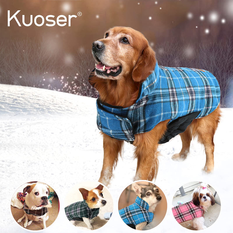 Kuoser Cozy Waterproof Windproof Reversible British Style Plaid Dog Vest Winter Coat Warm Dog Apparel for Cold Weather Dog Jacket for Small Medium Large Dogs with Furry Collar (XS - 3XL) X-Small (Pack of 1) Blue - PawsPlanet Australia