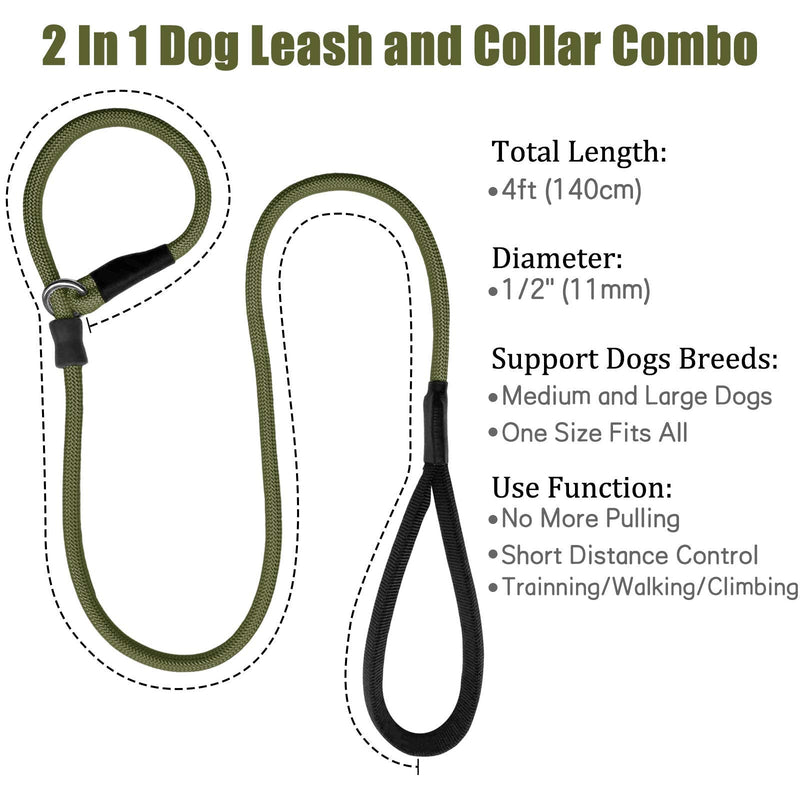 Strong Slip Rope Dog Training Leash (4ft) - Heavy Duty Durable Braided Nylon Lead with Rubber Stopper & Padded Handle - No Pull Walking Climbing for Medium Large Dogs Army Green 1/2" x 4ft - PawsPlanet Australia