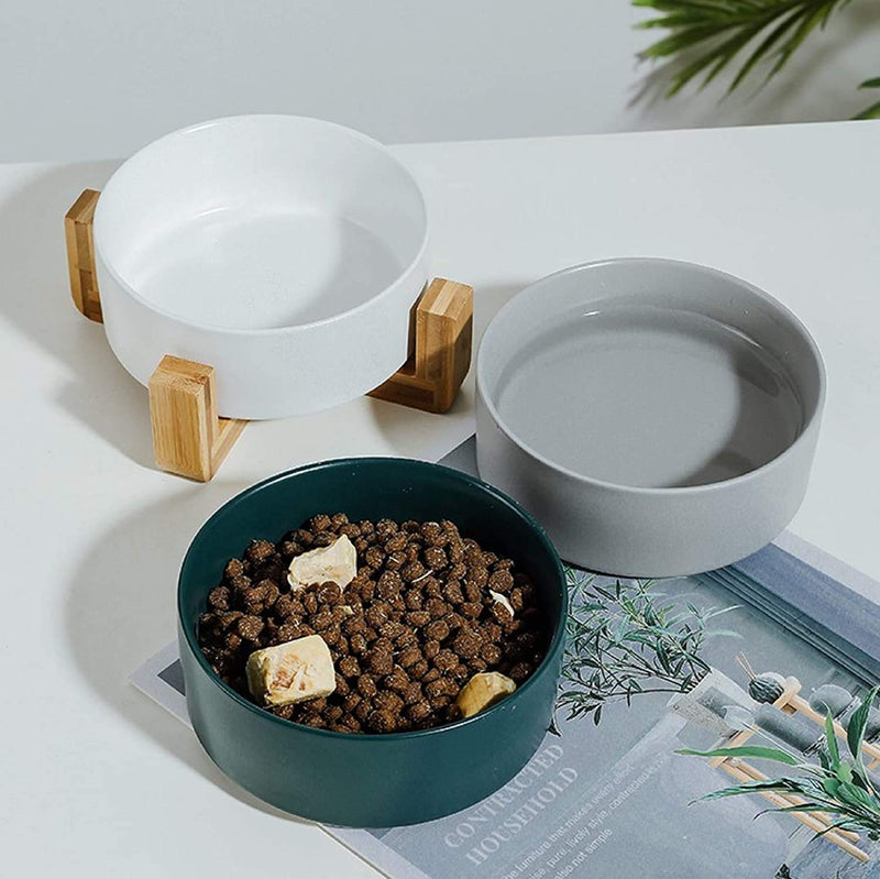 Hiope Ceramic Round Feeder Bowl for Dog and Cat Durable Ceramic Food Water Elevated Dish for Pet Water Bowl with Wood Stand, 28 Ounces - PawsPlanet Australia