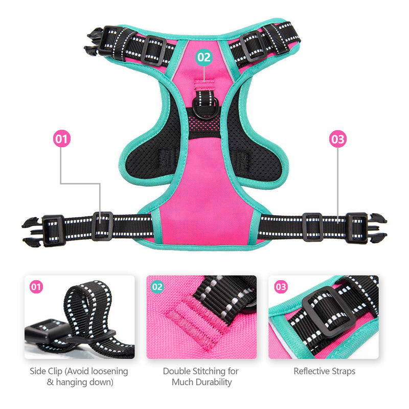 PHOEPET 2019 Upgraded No Pull Dog Harness, Unique Colors Reflective Adjustable Vest, with a Training Handle + 2 Metal Leash Hooks+ 3 Snap Buckles +4 Slide Buckles [Easy to Put on & Take Off] XS Pink - PawsPlanet Australia