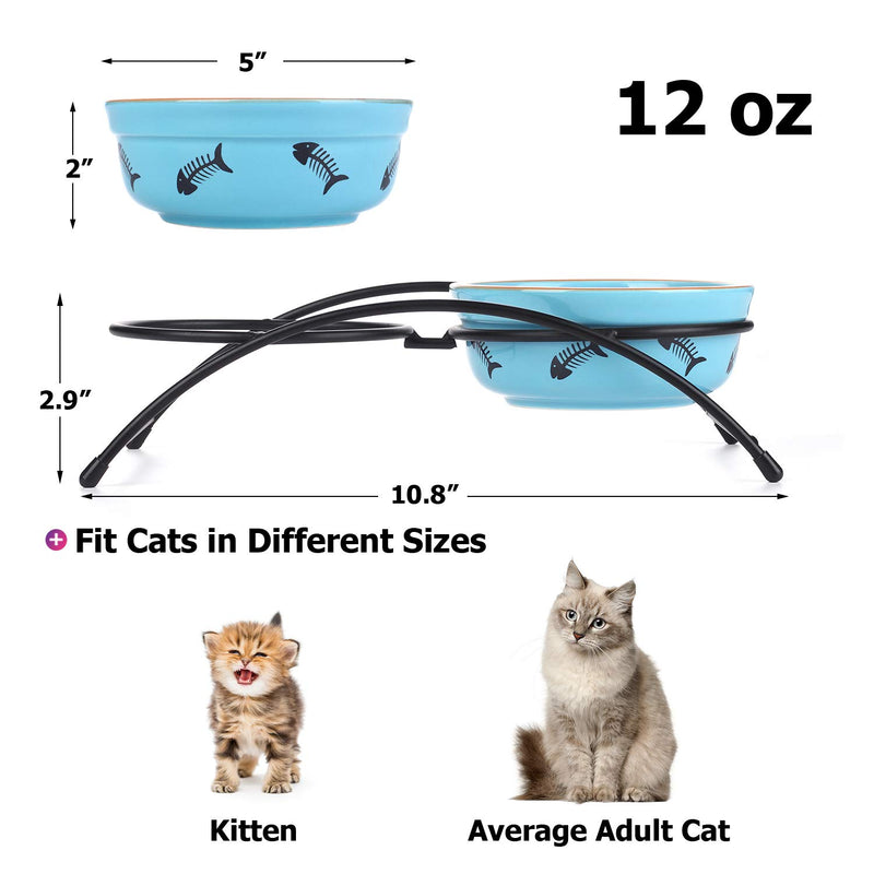 Y YHY Ceramic Raised Pet Cat Bowls, Cat Food Dishes and Water Bowls, 2 Cat Dishes, Gift for Cat and Puppy, Fish Bone Design, 355ML, Blue - PawsPlanet Australia