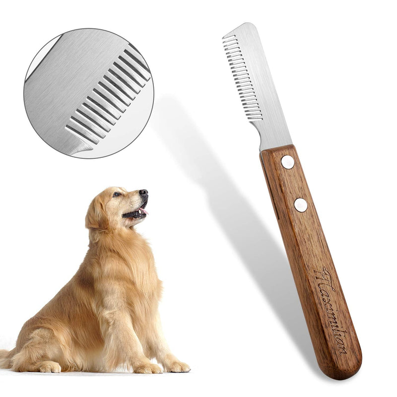Dog trimming knife with wooden handle for dull dogs, rough-haired dachshund, fine top coat terrier, medium stripping knife, brown right-handed trimming knife, pet grooming tool for pet pet undercoat - PawsPlanet Australia