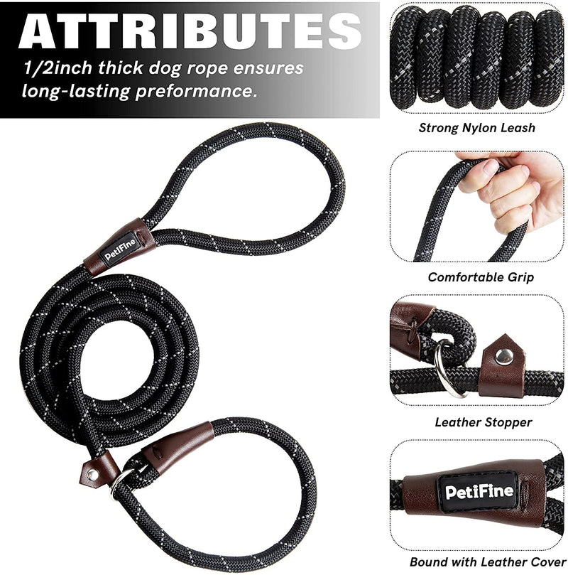 PetiFine Durable Slip Lead Dog Leash, 1.8 m * 12 mm Anti-choking Reflective Rope Training Lead, Heavy Duty Slip Knot Pet Leads for Medium & Large Breeds, Black - PawsPlanet Australia