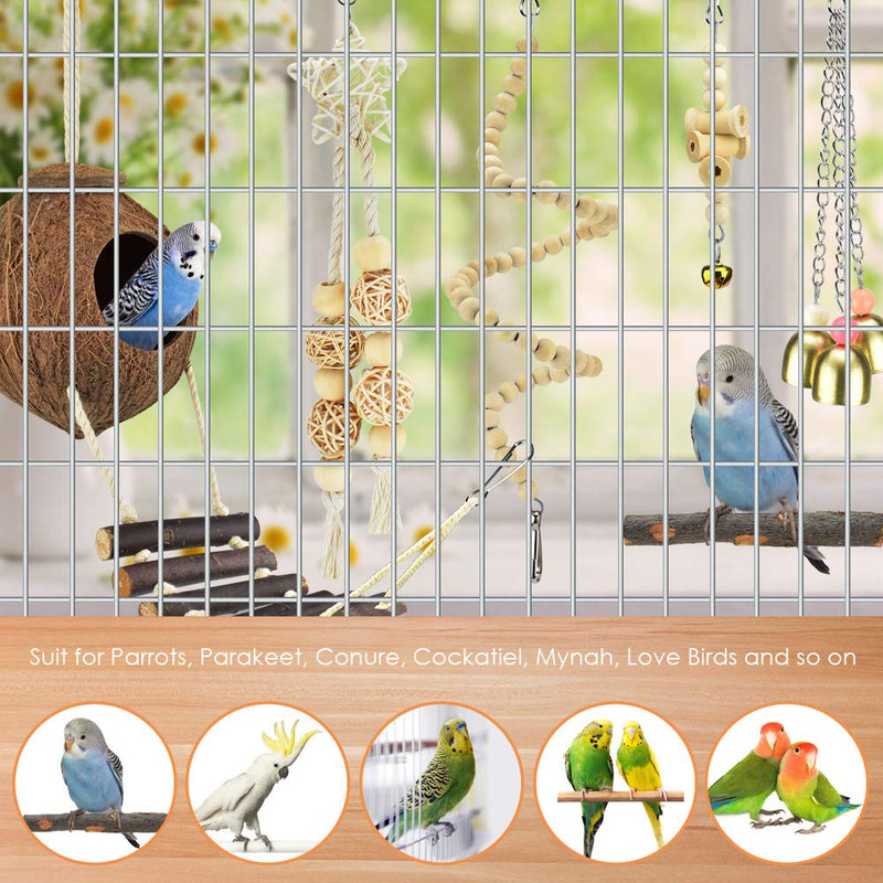 KATUMO Bird Toys, Natural Wood Coconut Bird House with Ladder Hanging Swing Pet Climbing Rotated Ladder Chewing Bells Bird Toys for Parakeet, Conure, Cockatiel, Mynah, Love Birds, Finch - PawsPlanet Australia