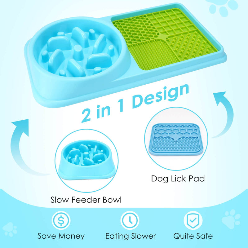 Gobeigo 2 in 1 Slow Feeder Dog Bowls & Lick Mat, Slow Down Eating for Fast Eaters, Prevent Choking/ Bloat Stop/ Anxiety Reduction/ IQ Treat, Peanut Butter Lick Pad for Puppy Small Medium Lagre Dogs Blue/Green - PawsPlanet Australia