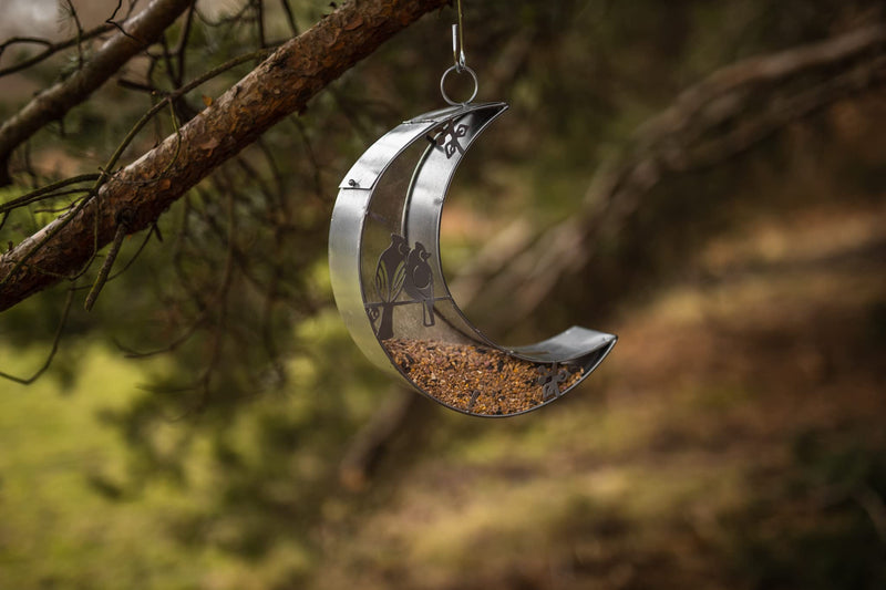 Garden Mile Silver Half Moon Hanging Bird Seed Nut Feeders Mounted Outdoor Garden Feeding Station Wild Birds Food Treat Feeder Weatherproof Metal Novelty Feeder - PawsPlanet Australia