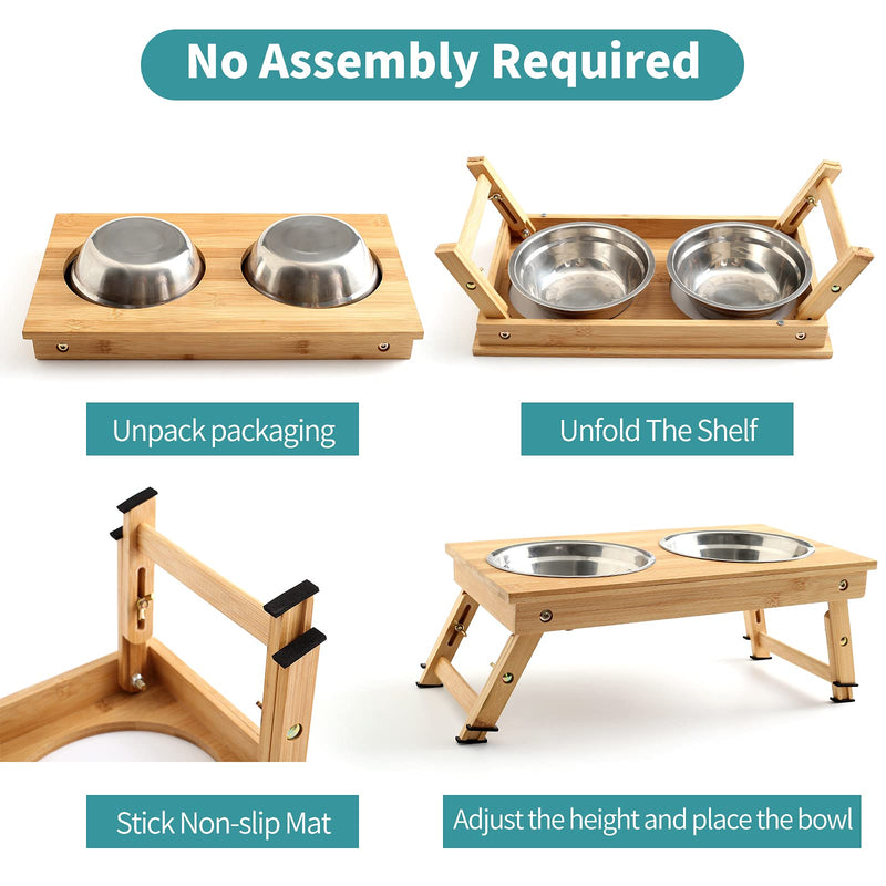 CYBMBO Raised Pet Bowls for Dogs and Cats, Adjustable Elevated Dog Bowls for Small and Medium Size Dog, Food Water Bamboo Feeder with Stand, 2 Bowls, Non-Slip, No Need Assemble (Height 5.12" - 6.69") - PawsPlanet Australia