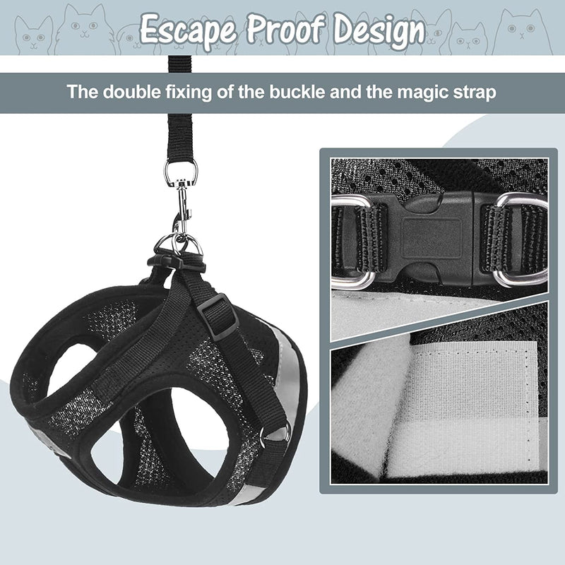 BINGPET Escape Proof Cat Harness and Leash Set - Adjustable Vest Harnesses for Small Medium Cats , Soft Reflective Mesh Vest Harness and Lead Set - Best for Kitten Walking Black - PawsPlanet Australia