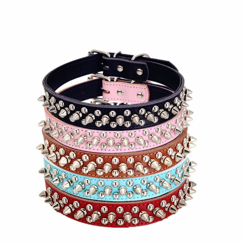 [Australia] - HOOTMALL Soft Genuine Leather Adjustable Spiked Studded Rivets Dog Collar for Puppy Small and Medium Dog L(neck 14.5-18" ) pink 