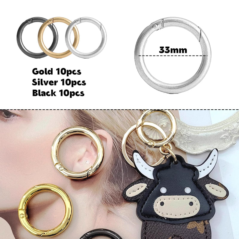 Pizsieat Pack of 30 Carabiners Round 35 mm Zinc Alloy Carabiner Hooks Round O-Ring Carabiner Ring Jump Ring with Spring Opening for Key Chain Backpack and DIY Crafts (Silver Gold Black) - PawsPlanet Australia