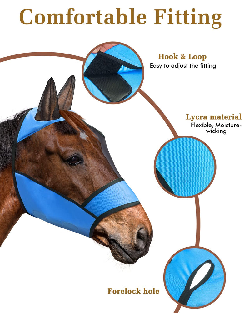 Petbank Horse Fly Mask UV Protection Horse Fly Mask with Ear Net/Forelock Hole/Reflective Trim Stretchy Fly Mask for Horse Breathable Fine Mesh/Eye Dart/Hook and Loop (Blue, L) Blue - PawsPlanet Australia