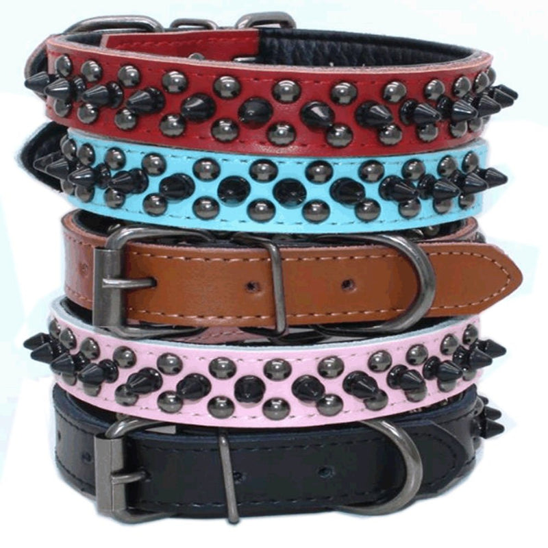 [Australia] - Avenpets Fashion Walking Genuine Leather Dog Collar Decorated with Black Spikes and Studs L:(neck 14-18") Blue 