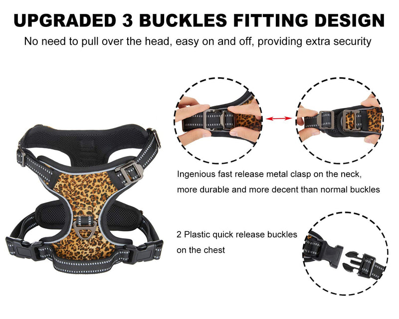 YUDOTE No Pull Reflective Dog Harness in Leopard Pattern, Adjustable Pet Vest with No Pull Front Clip, Easy Control Handle for Large Medium Dogs Walking Running Training Small(Neck 15.8"-20.5",Chest 19.3"-22.8") - PawsPlanet Australia