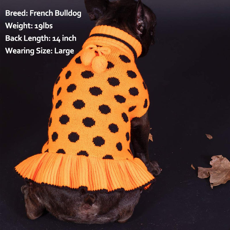 kyeese Dog Sweater Dress Turtleneck Polka Dot Dog Sweaters Knitwear Warm Pet Sweater with Pom Pom Ball X-Small Polkadot (Orange) - PawsPlanet Australia