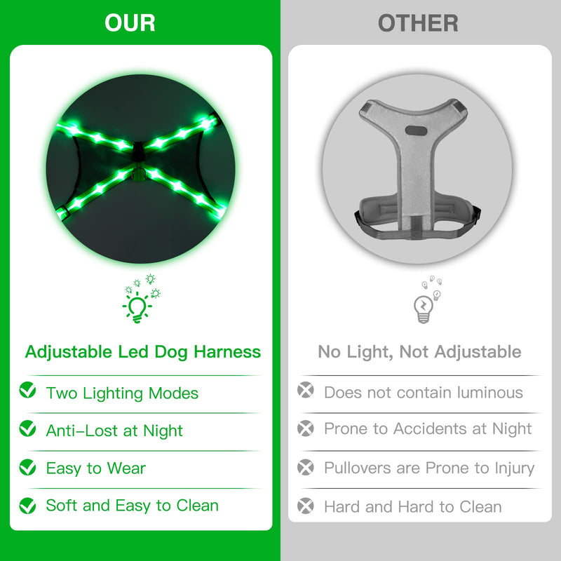 ChalkLit LED Dog Harness, Luminous Rechargeable Illuminated Reflective Dog Harness Glows in the Dark, LED Dog Safety Vest Lights for Night Walks (Green, L) Green - PawsPlanet Australia