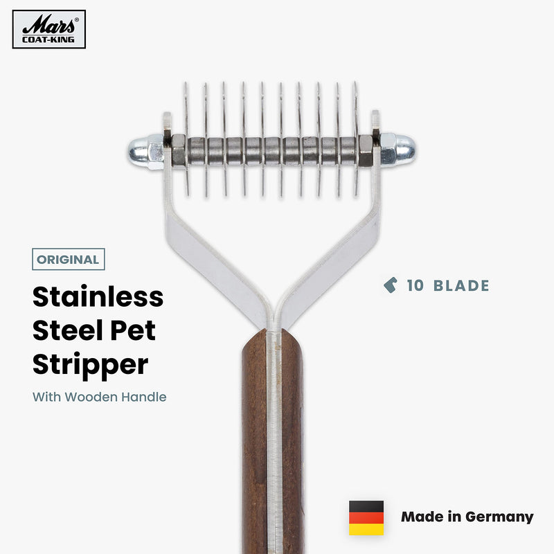 Mars Coat King Dematting Undercoat Grooming Rake Stripper Tool for Dogs and Cats, Stainless Steel with Wooden Handle, Made in Germany 10-Blade Original - PawsPlanet Australia