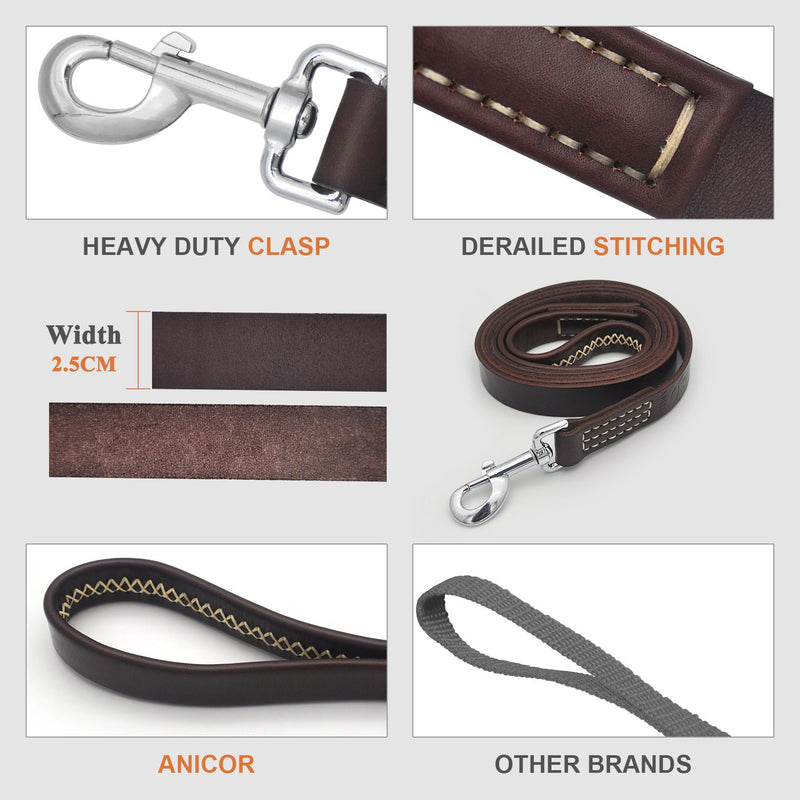 Leather Dog Leash 1.8m/6 ft Wrapped Padded Handle Training Strong Lead for Large Medium Dogs Brown - PawsPlanet Australia